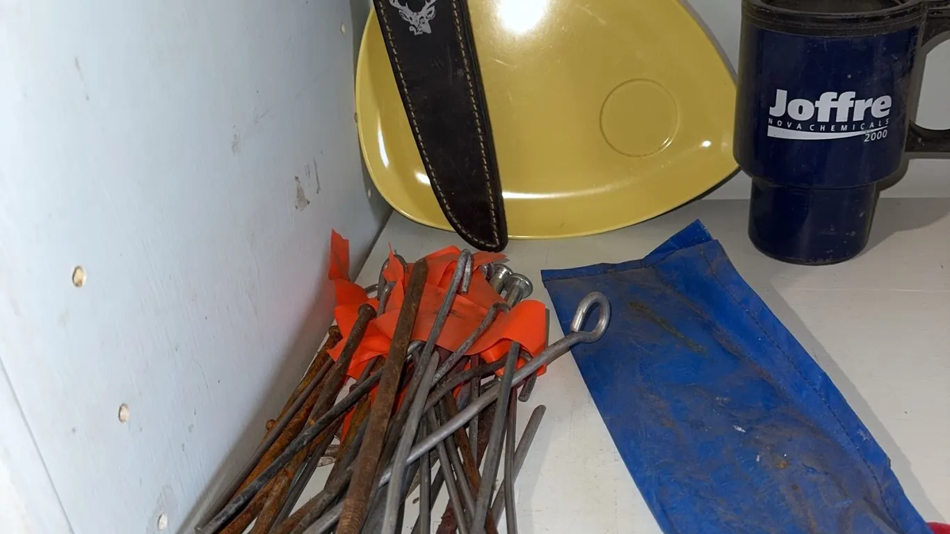 Metal Tent Stakes, Knife with Sheath, Enamel Mug, Plate and Blue Pouch