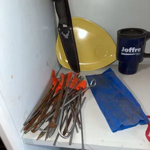Metal Tent Stakes, Knife with Sheath, Enamel Mug, Plate and Blue Pouch