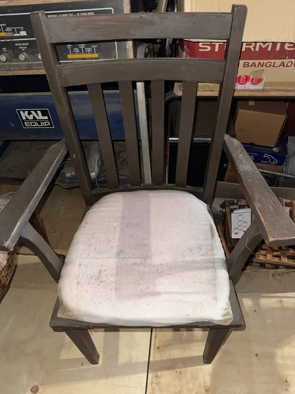 Wooden Armchair With Slatted Back and White Fabric Cushion