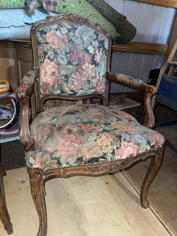 Floral Upholstered Carved Wooden Armchair with Nailhead Trim