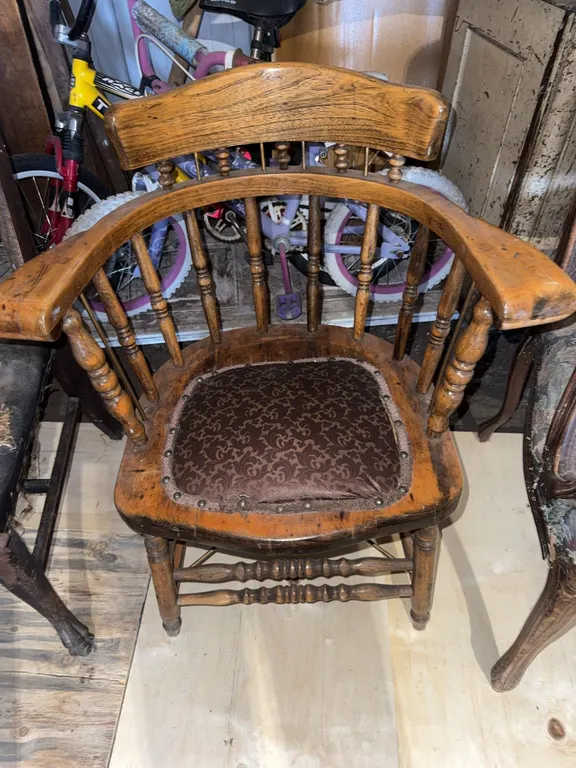 Wooden Spindle-Back Chair With Upholstered Seat And Turned Legs