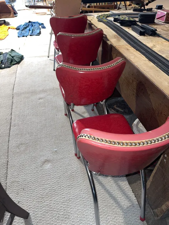 5 Red Vinyl Retro Diner Chairs with Chrome Frame