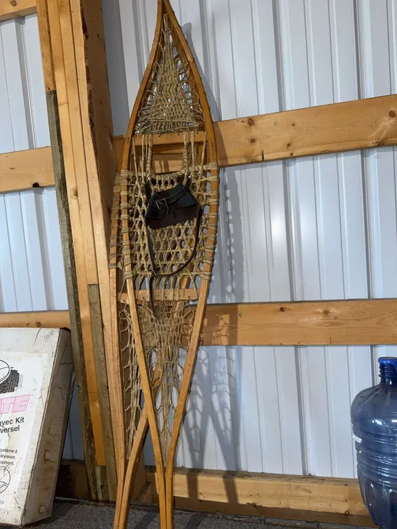 Wood Frame Traditional Snowshoes With Leather Harness and Lacing