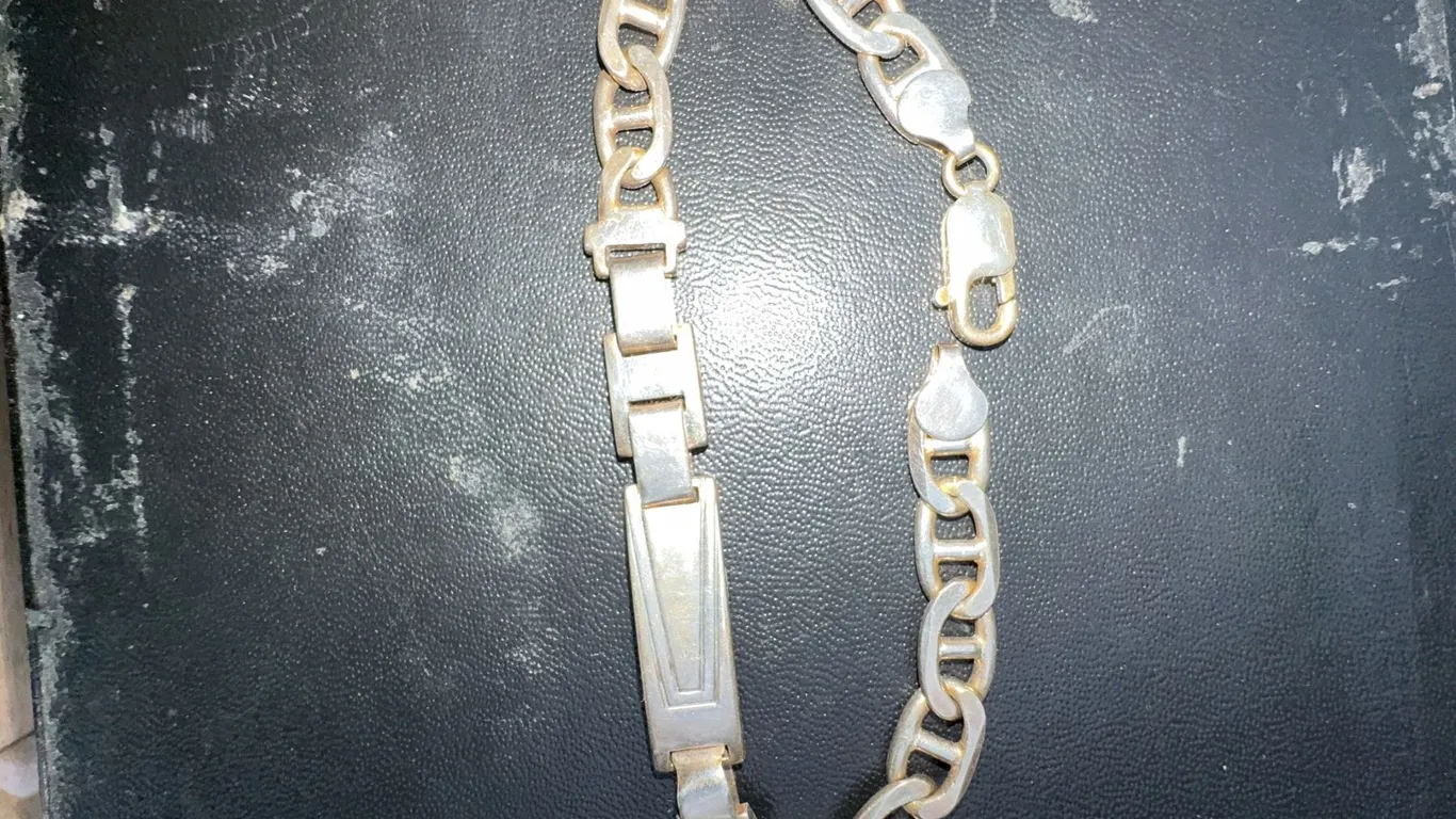925 Italy Stamped Silver Bracelet with Rectangular Plate and Unique Chain Links, 22.4g