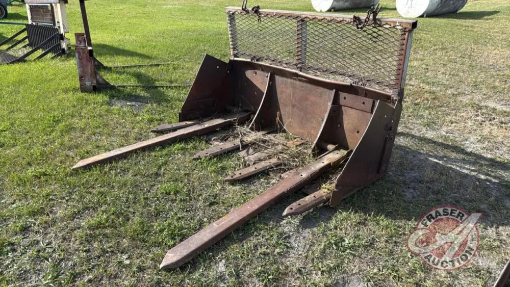 6’ Shop built bucket with manure tines and fold up bale forks