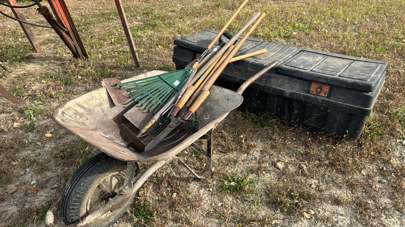 Wheelbarrow w/ yard tools & plastic pkp toolbox