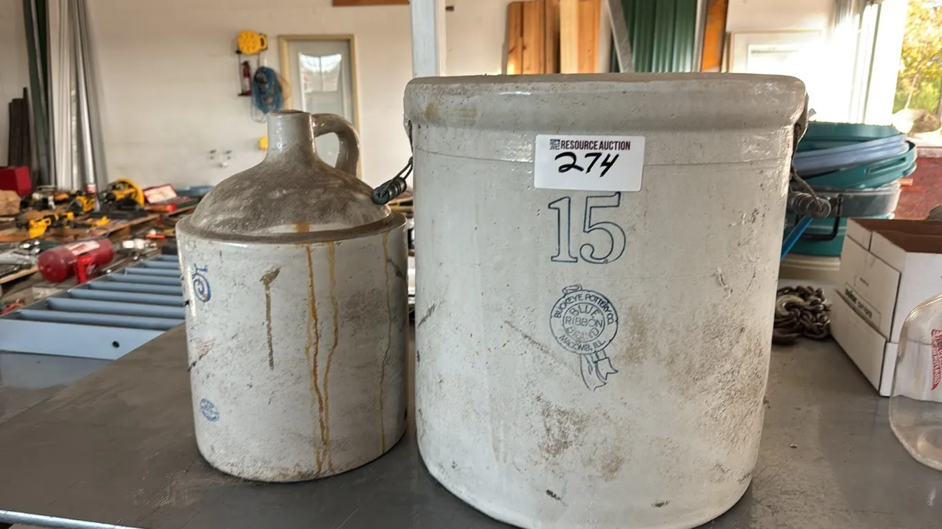 Buckeye Pottery 15 gallon stoneware crock & Red Wing 5 gallon stoneware crock