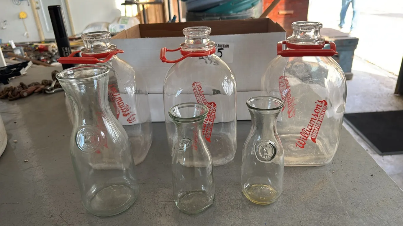 3) Williamsons glass milk jugs & 3) glasses