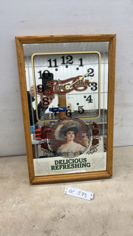 Pepsi-Cola "Delicious Refreshing" Vintage-Style Framed Mirror Wall Clock, Missing Hour Hand
