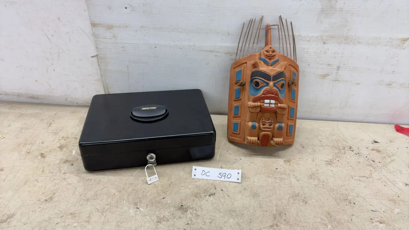 Sentry Metal Cash Box with Key and Haida Carved Wooden Beaver Headpiece by J. Wolf