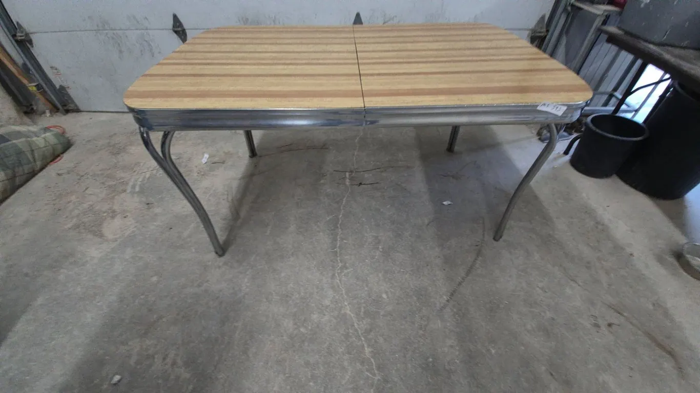 Vintage-Style Dining Table with Wood-Look Top and Chrome Legs. 30”×59”×36”