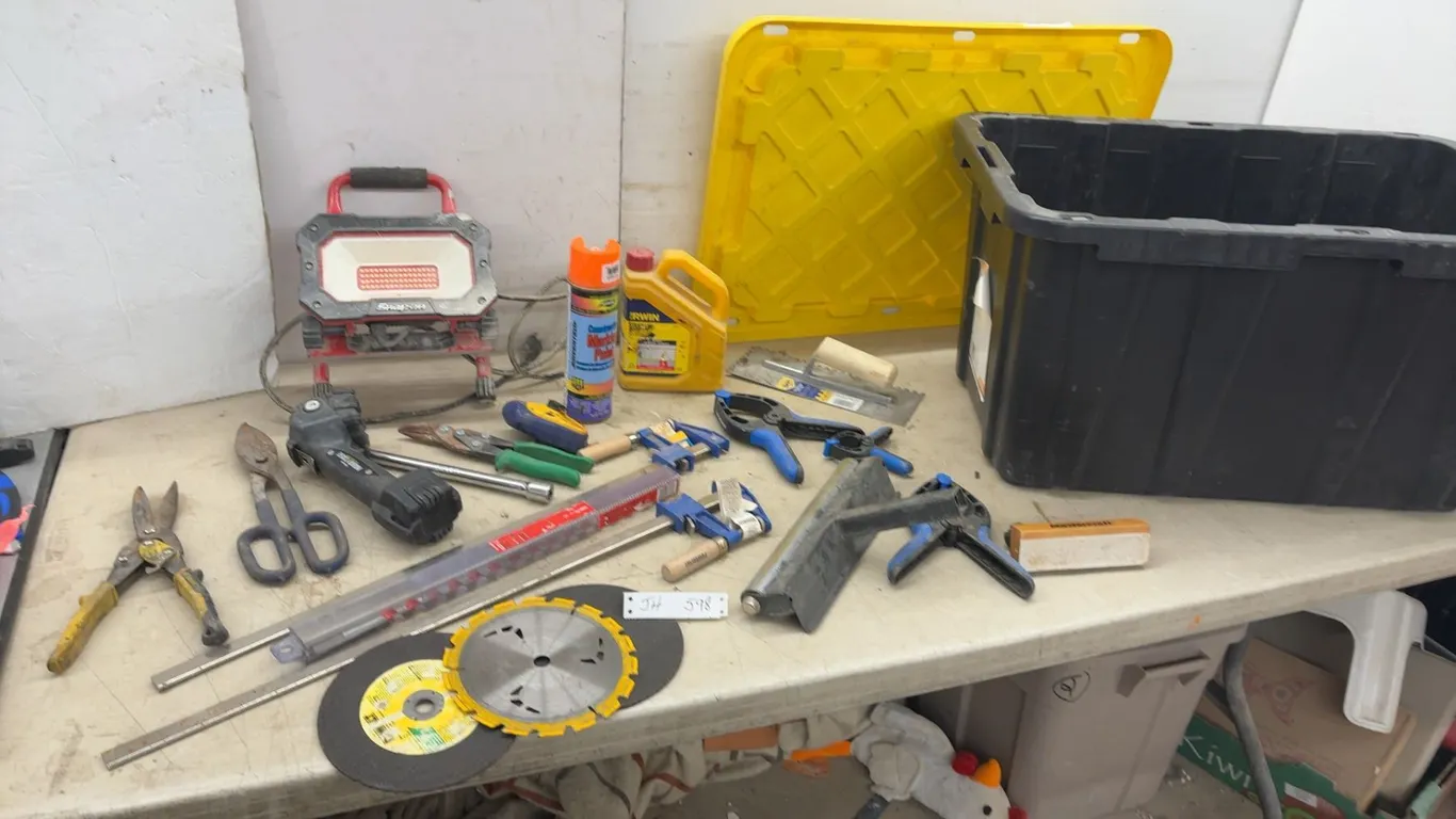 Snap-on Corded LED Work Light and Assortment of Hand Tools, Saw Blades, Clamps, Tote