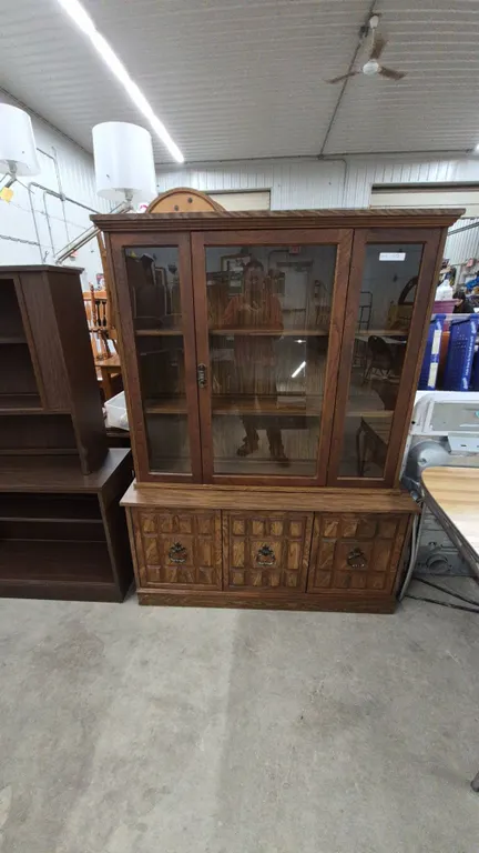 Dark Wood China Cabinet with Glass Doors and 3 Lower Cabinets. 71”×53”×17”