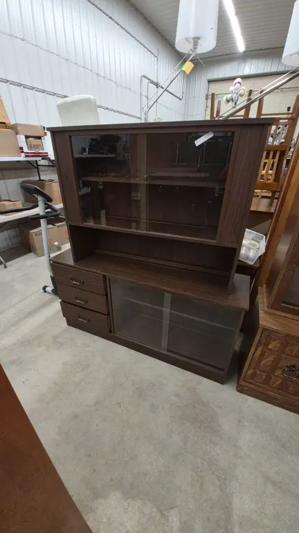 Brown Wood Hutch and Cabinet with Glass Doors and 3 Drawers. 64”×60”×16”