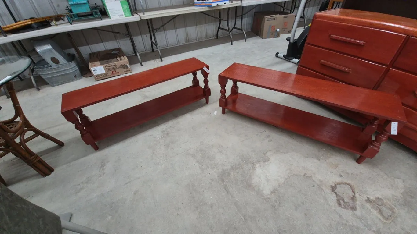 Pair of Red-Stained Wood Two-Tier Console stands 17”×47”×12”