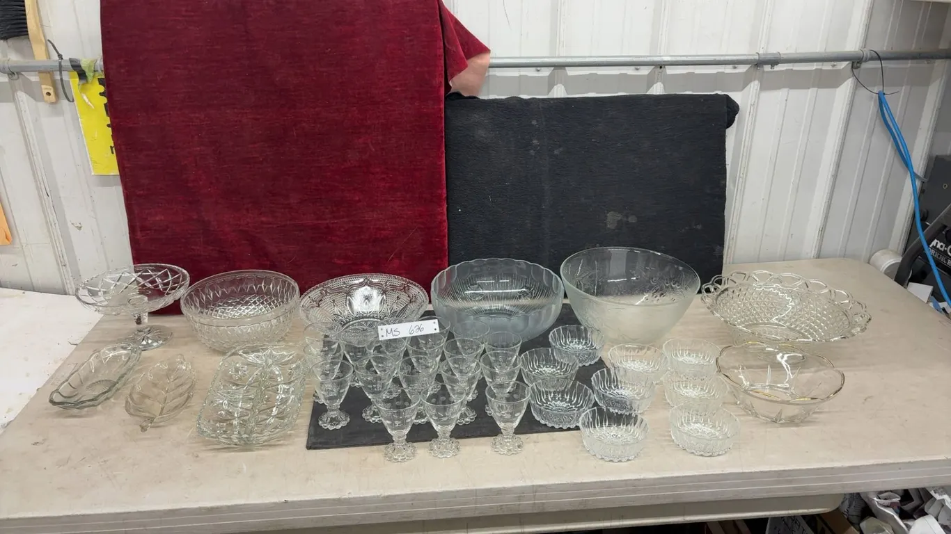 Assortment of Crystal/ Pressed Glass Serving Bowls, Pedestal Compote, Stemware