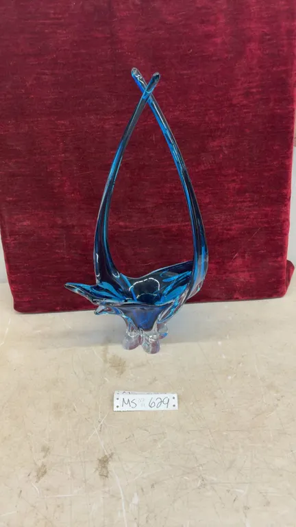 Vintage Blue Art Glass Basket Vase with Crossed Handles- 20.5” Tall