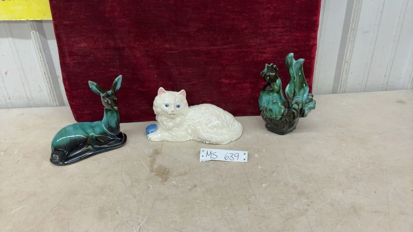 Ceramic Figurines: Drip Glaze Deer and Rooster, Pearlescent White Cat
