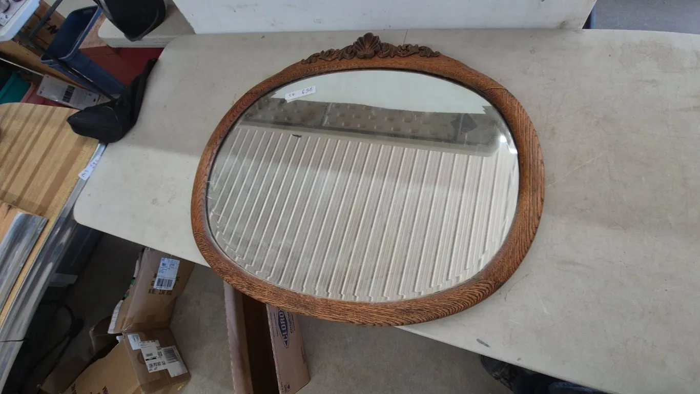 Oval Oak Wood-Framed Mirror with Carved Frame, 28”×32”