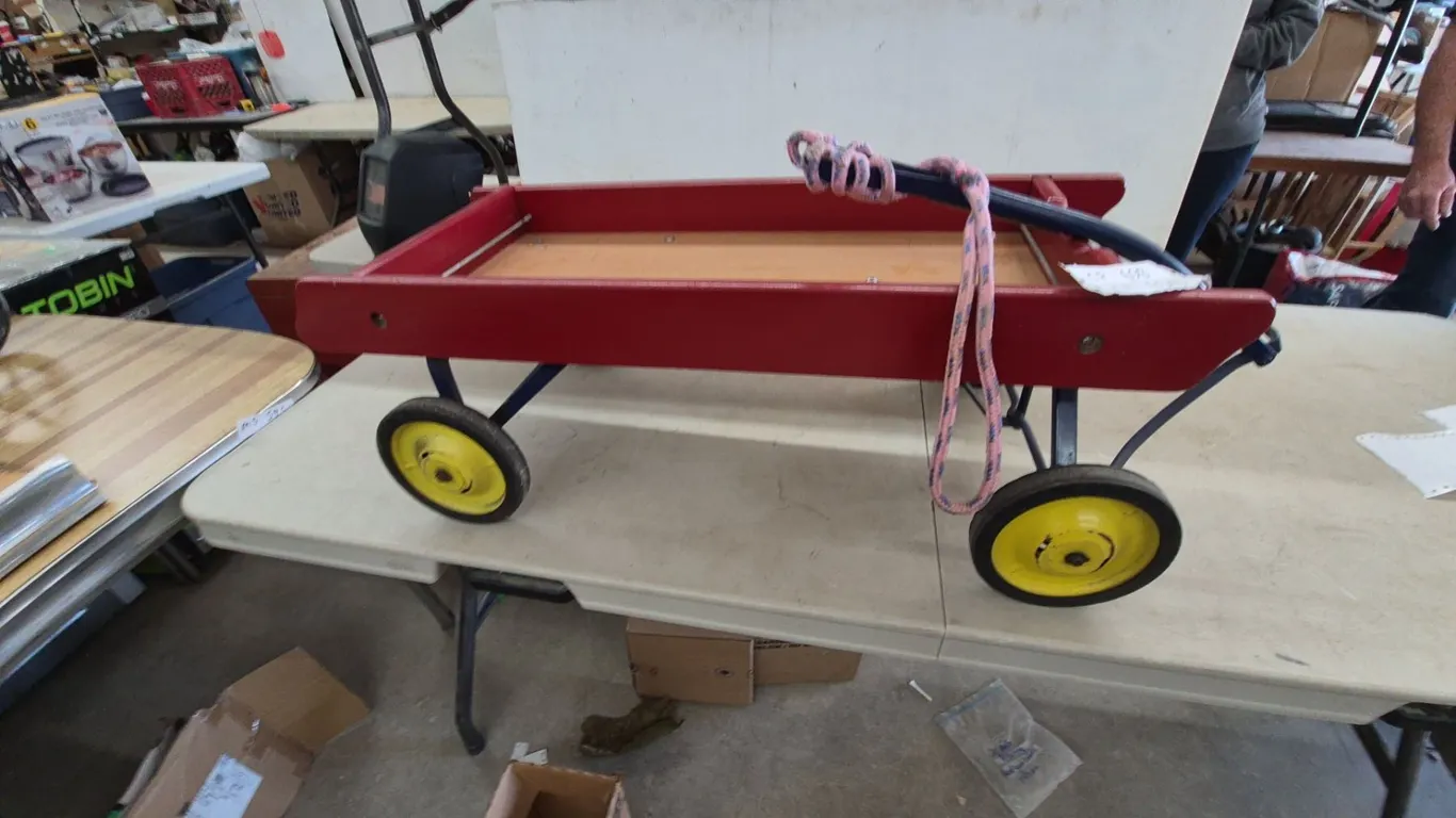 Red Wooden Wagon with Blue Handle and Yellow Wheels, Rope