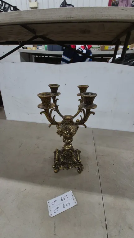 Ornate Five-Light Candelabra, Gold-Tone Metal, Square Base, Scrollwork and Figural Details
