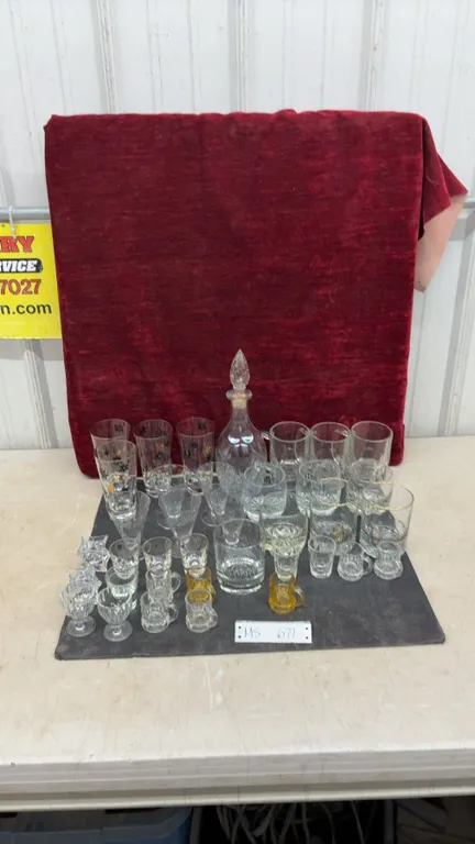 Assorted Glassware Lot Including Decanter, Snowflake Tumblers, Stemware, Mini Mugs