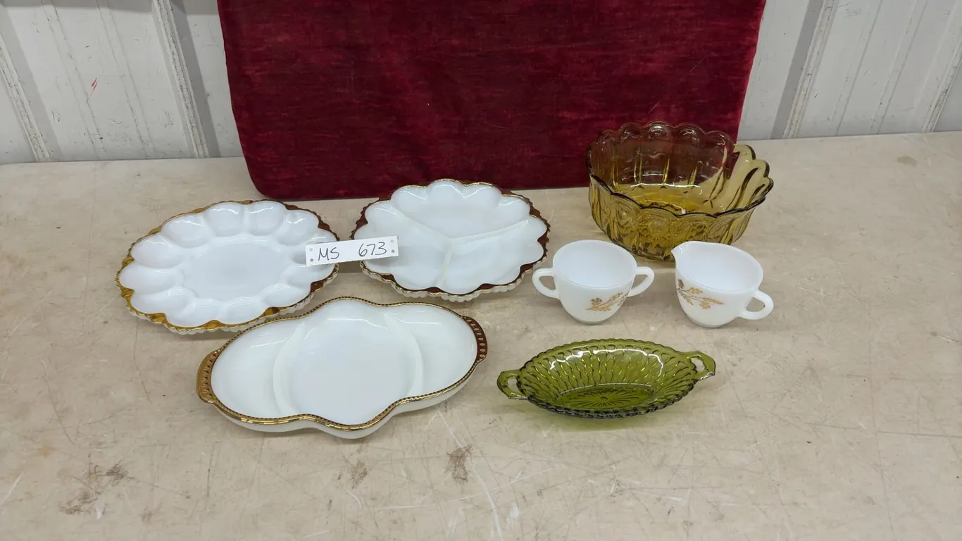 Fire-King Milk Glass Serving Set, Amber Bowl and Avocado Green Dish