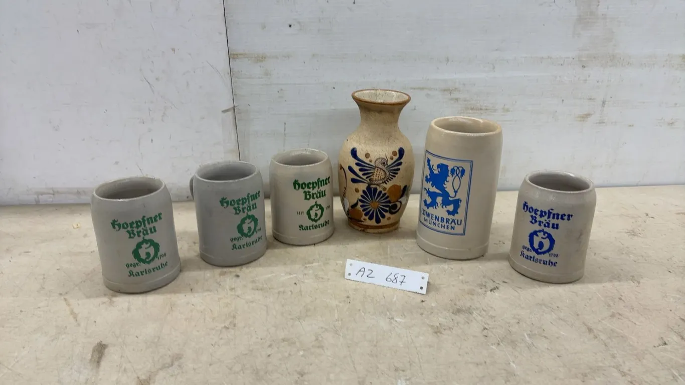 Löwenbräu München Stein, Hoepfner Bräu Karlsruhe Steins, and Stoneware Vase