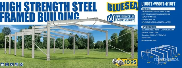 2026 BLUESEA L100FT x W50 FTx H18FT 50 ft x 100 ft Steel Frame Only Storage Building (Unused)