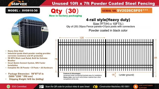 Quantity of (30) 2026 STARVOX SV0810-30 10 ft x 7 ft Powder Coated Fencing (Unused)