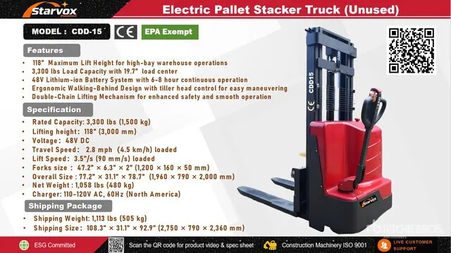 2026 STARVOX CDD15 3300 lb Electric Stacker (Unused)