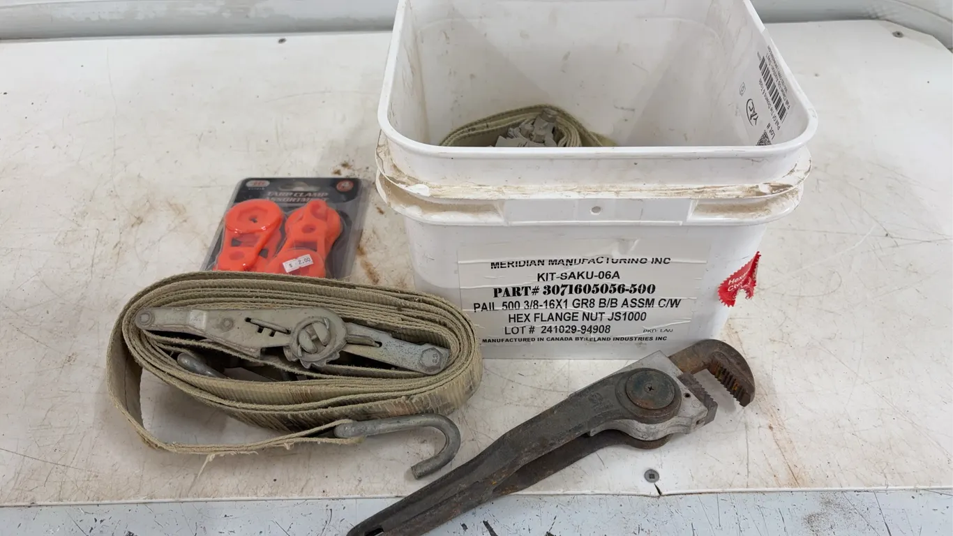 Pail Of Tie Downs & Tools