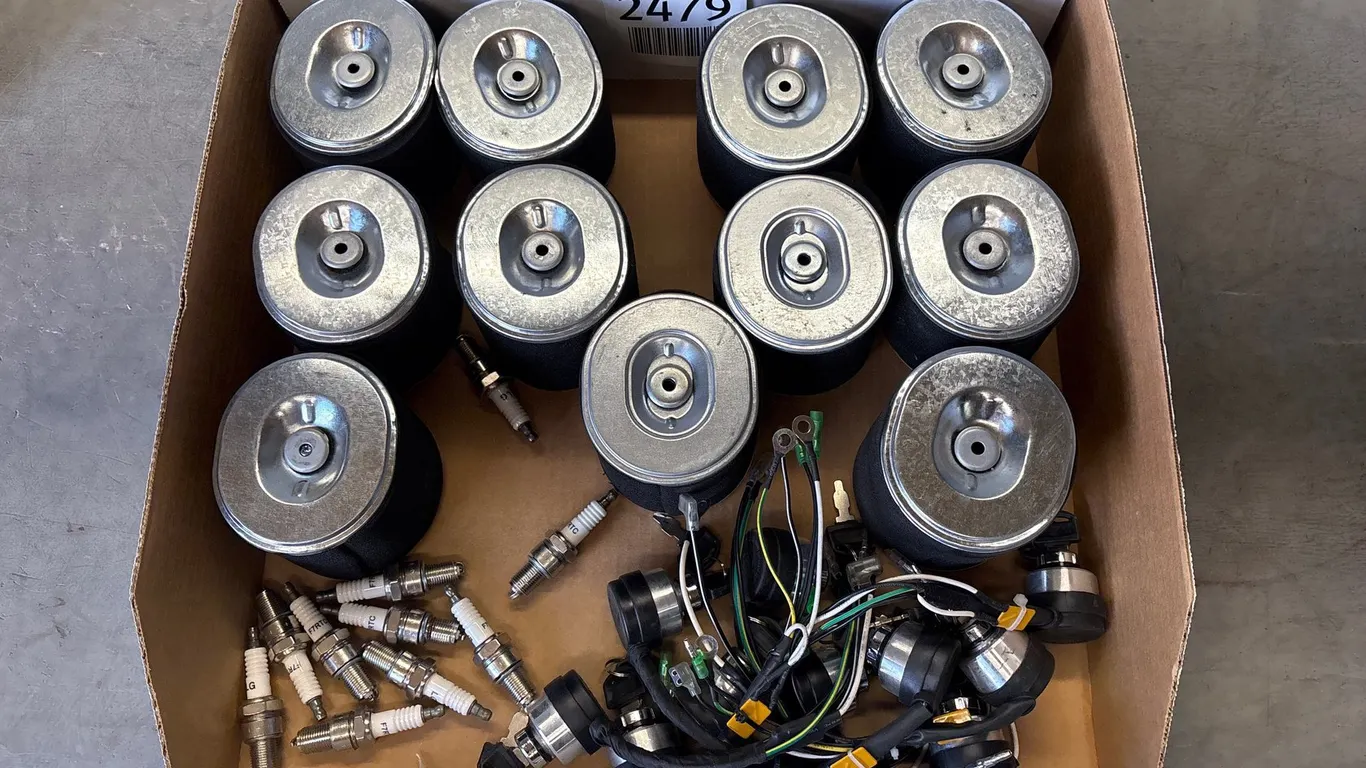 Box of Air Filters, Ignition Switches and Spark Plugs