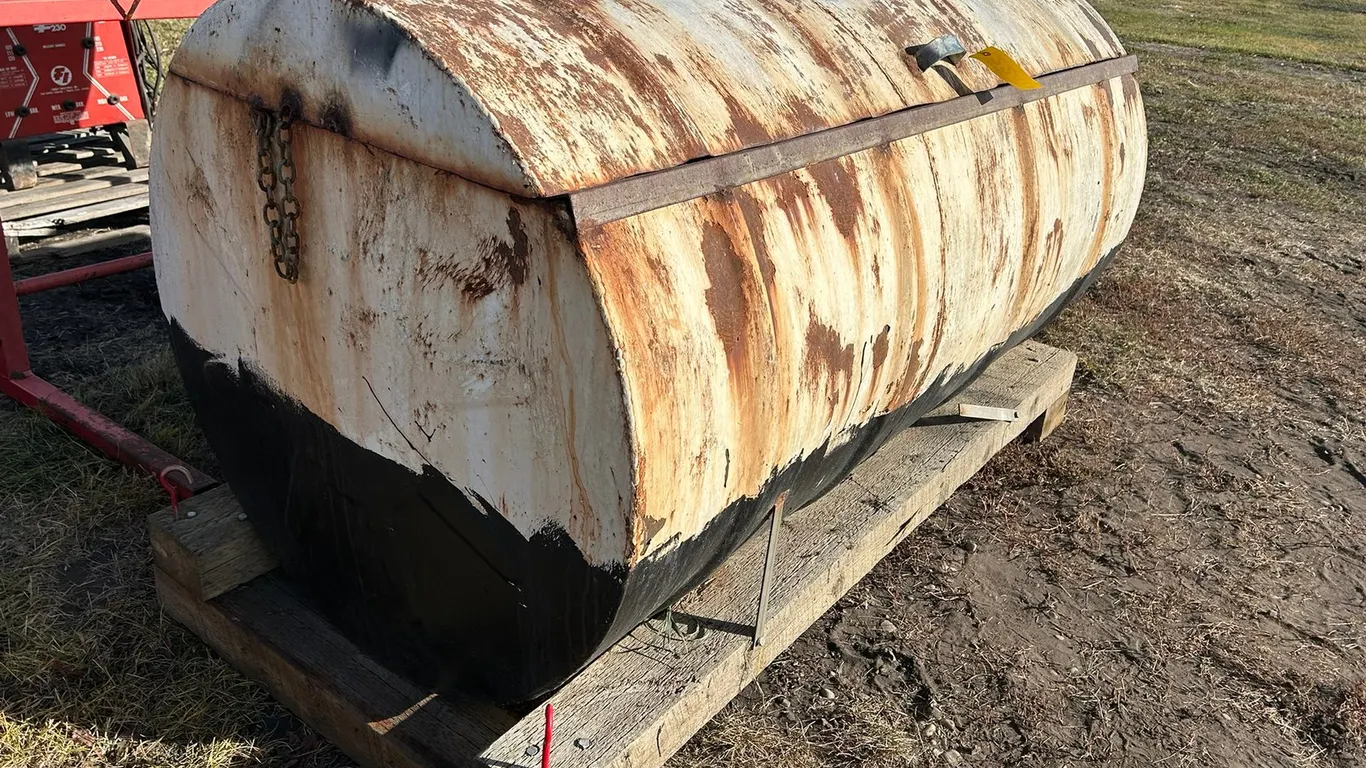 Cylindrical Fuel Tank 72" x 39" Dia., Hinged Lid, Ball Valve Spigot, Mounted On Wooden Skid Base.