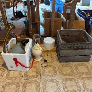 Assortment of Lamps and Wood Crate