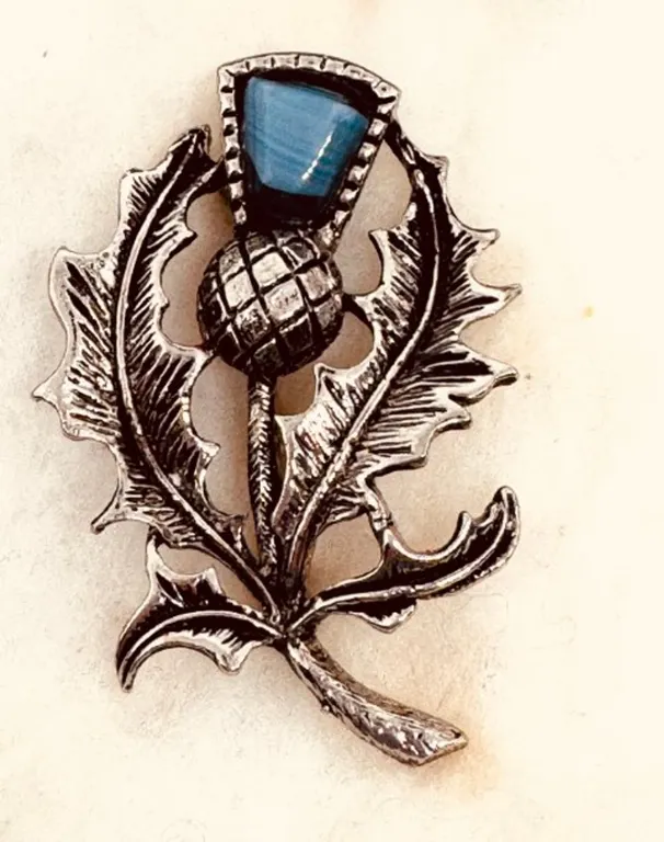 Vintage Scottish Thistle Brooch with Blue Agate Stone 2" untested