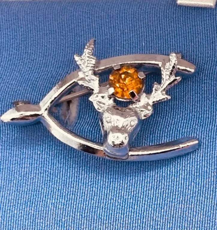Vintage Staghead Wishbone Brooch Amber Stone Untested