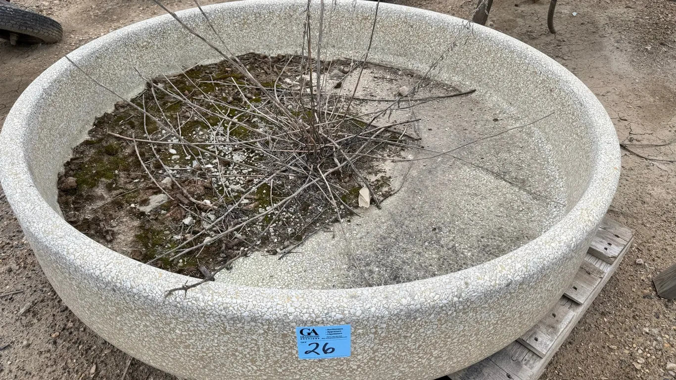 Large Round Precast Concrete Outdoor Planter – Exposed Aggregate Finish, 54” diameter, 12” tall, excellent condition