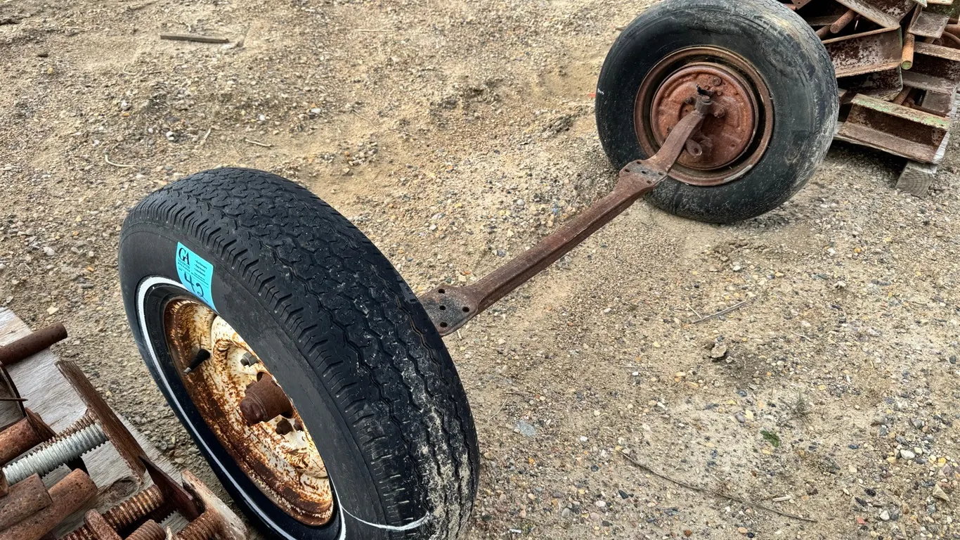 Vintage Automotive Front Axle & Suspension Assembly w/ Wheels & Tires