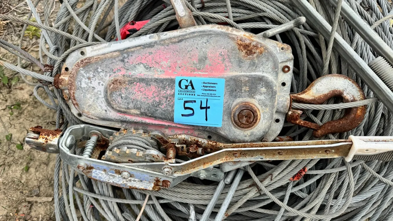 Steel wire rope/cable, several heavy-duty turnbuckles, hooks/eyes, hand-operated cable puller/come-along