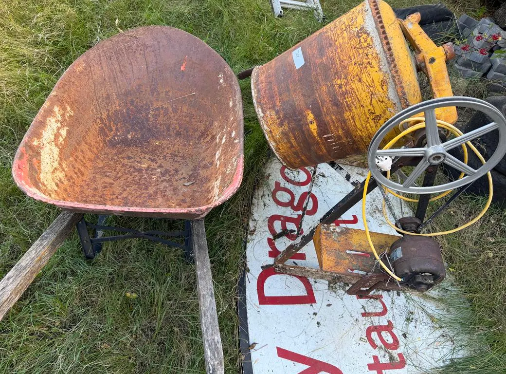 Electric Cement Mixer and Wheelbarrow