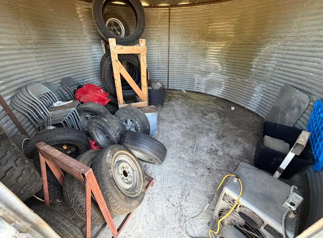 Bin Contents Including Wood Tire Rack, Tires, (12) Steel Chairs