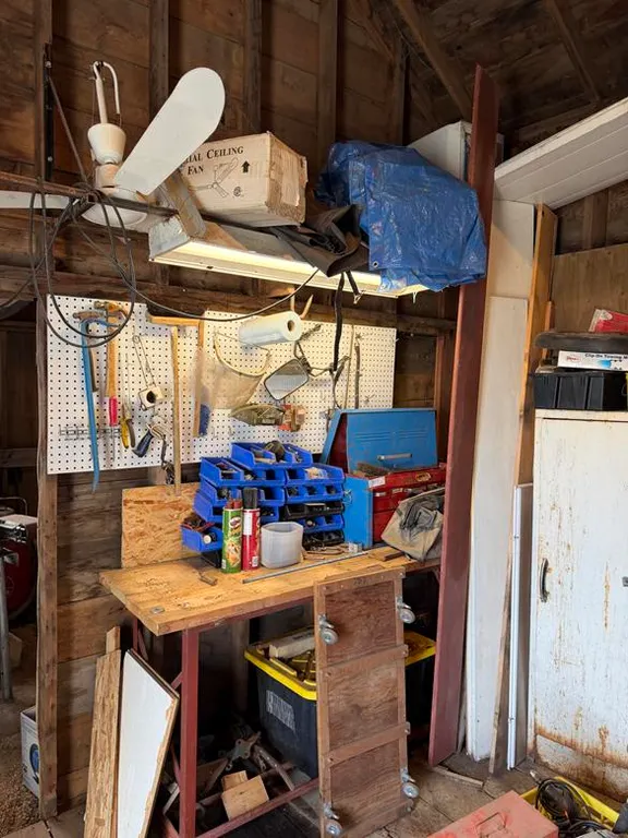 Creeper, Tools on Pegboard, Parts Bins & Toolbox with Tin Cupboard