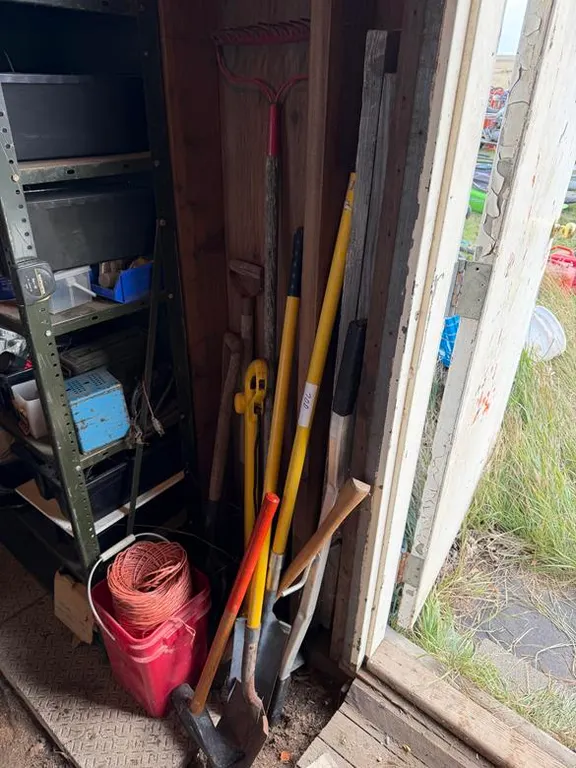 Yard Tools and Twine Including Shovels, Rake & Splitting Maul (Shelf & Contents Not Included)