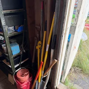 Yard Tools and Twine Including Shovels, Rake & Splitting Maul (Shelf & Contents Not Included)