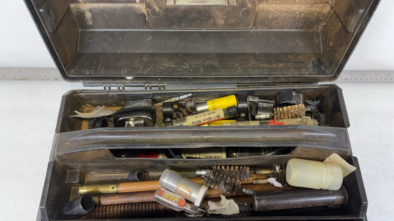 Tackle Box w/ Gun Cleaning Supplies In It, Approx. 16"x8"x9" *Unreserved*