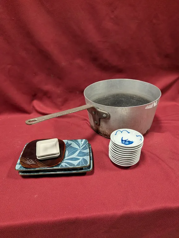 Aluminum Sauce Pot and Assorted Soy Sauce Trays and Plates