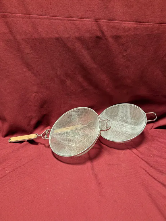 (2) Large Mesh Strainers with Wood Handles - 10" Diameter