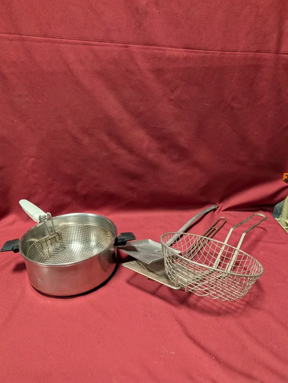 (3) Assorted Skimmers and Stainless Steel Pot with Built In Fryer Basket