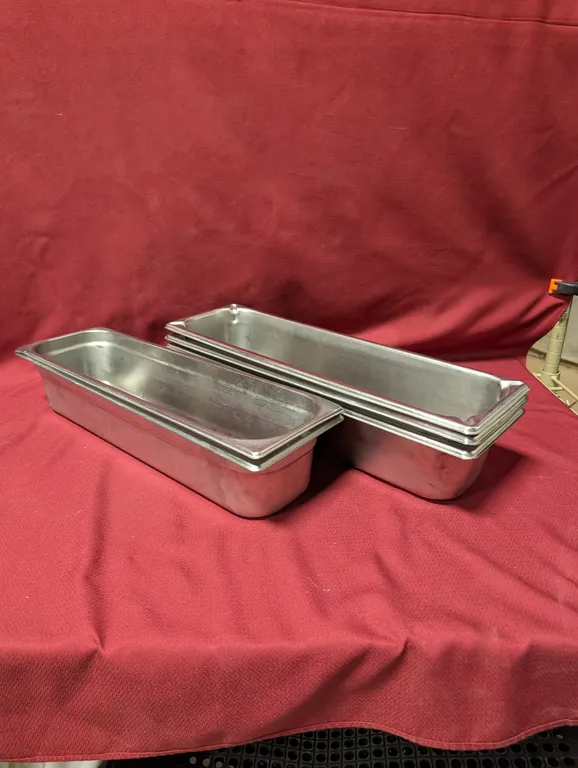 (5) Half Size Long 4" Deep Stainless Steel Hotel Pans